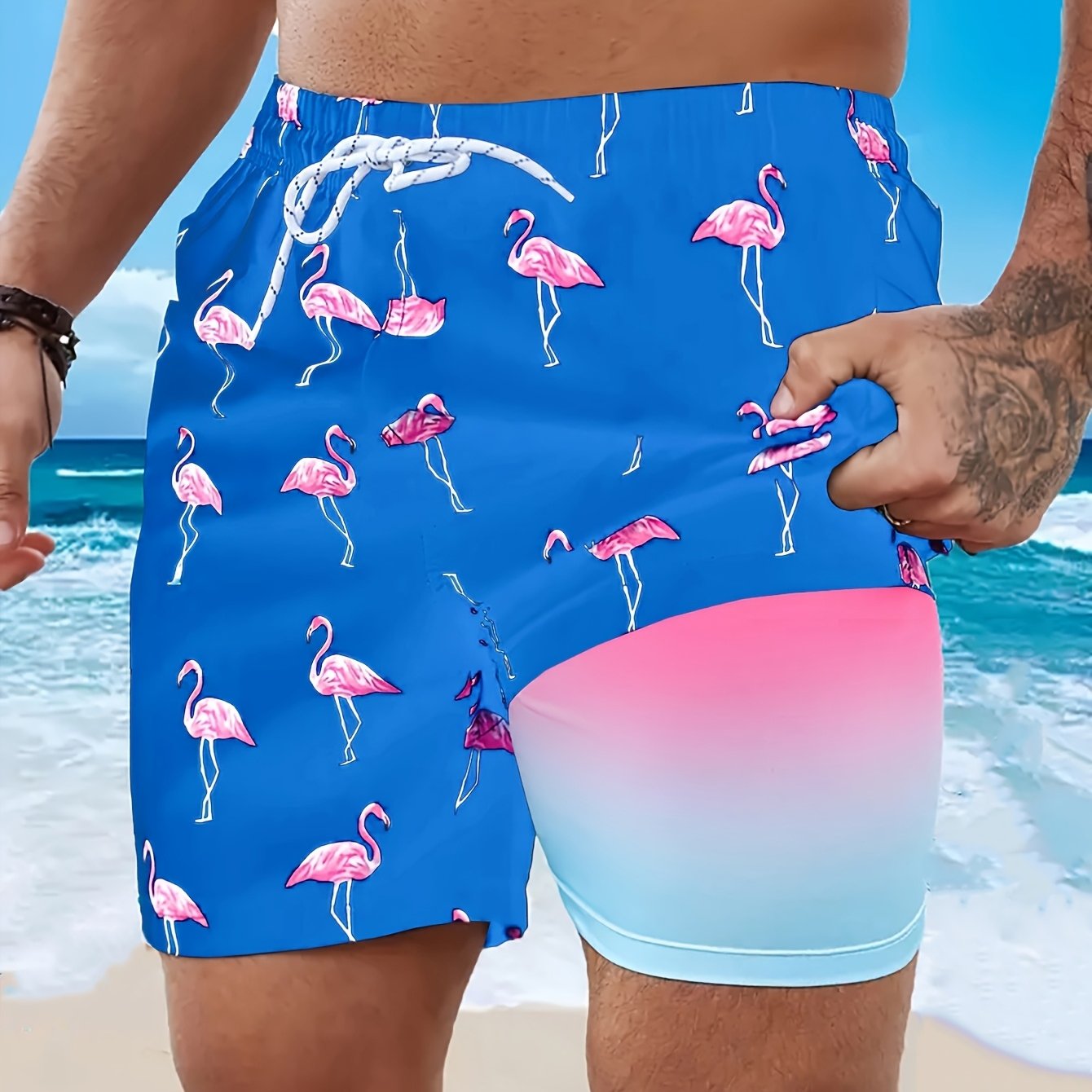 BSMENF02 - Pantaloncini da spiaggia con coulisse e stampa fenicotteri