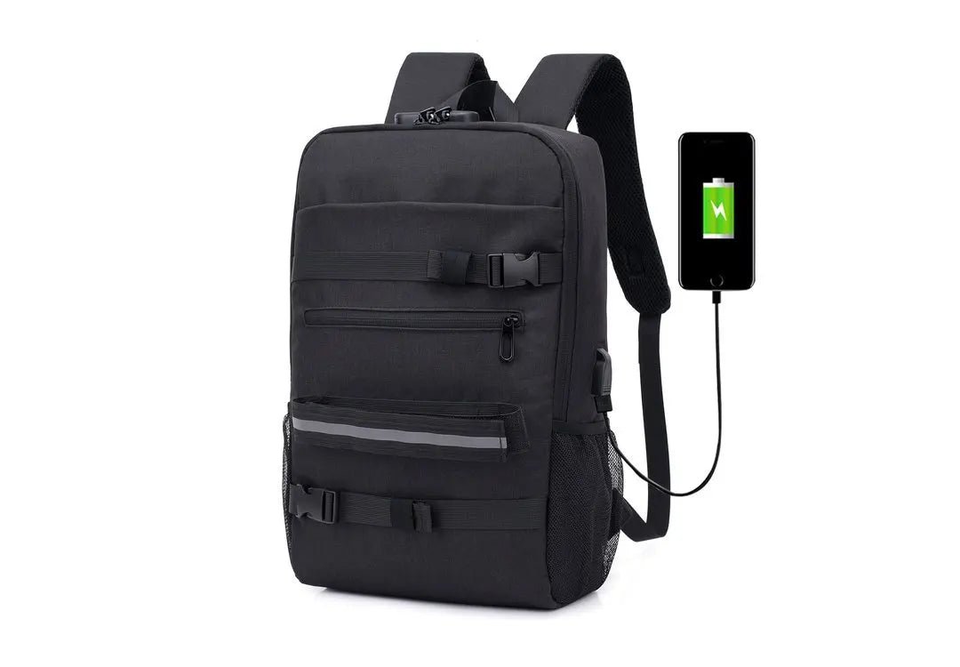 A06 - Skateboard Backpack Anti-theft Password Lock USB Charging Shoulder Bag