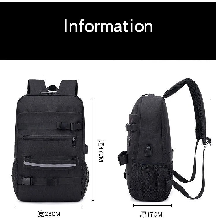 A06 - Skateboard Backpack Anti-theft Password Lock USB Charging Shoulder Bag