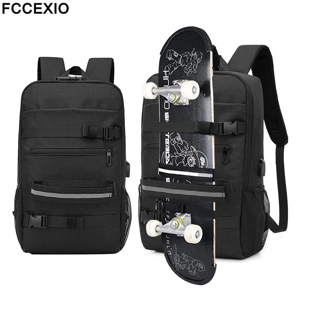 A06 - Skateboard Backpack Anti-theft Password Lock USB Charging Shoulder Bag