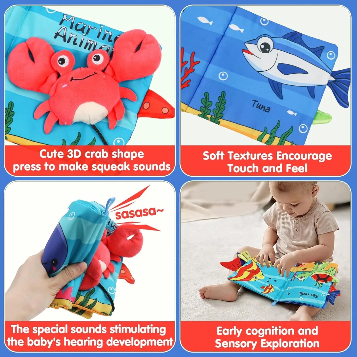 T04 - Baby Soft Books Toys Crinkle Cloth Book Marine Animal Tails