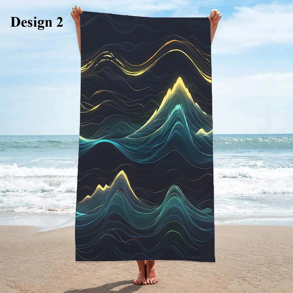 SEA01 - Asciugamano da spiaggia grande  in microfibra con onde del mare astratte e sole