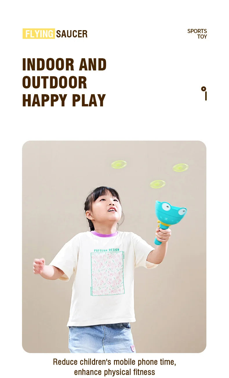 T15 - Kids Flying Saucer Disc Launcher Frog Catapult Flying Toys Pull String UFO