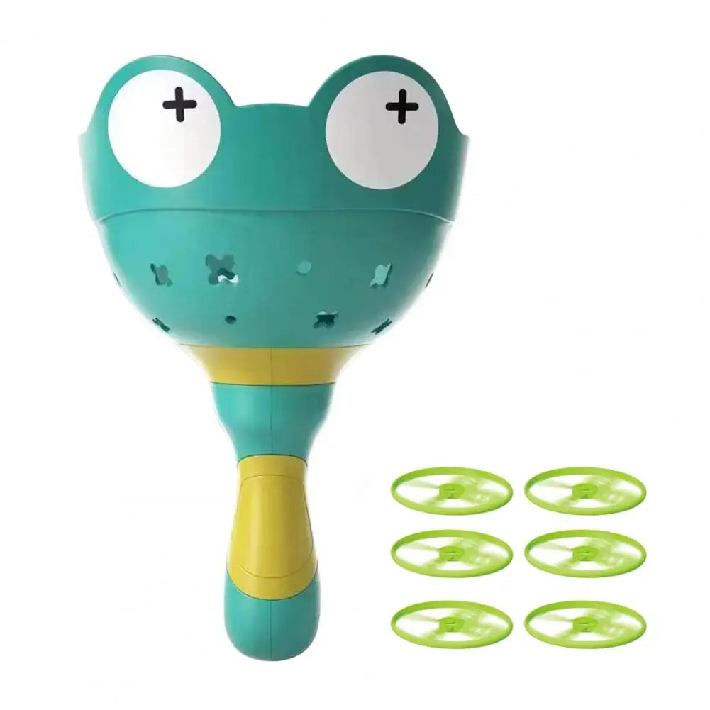 T15 - Kids Flying Saucer Disc Launcher Frog Catapult Flying Toys Pull String UFO