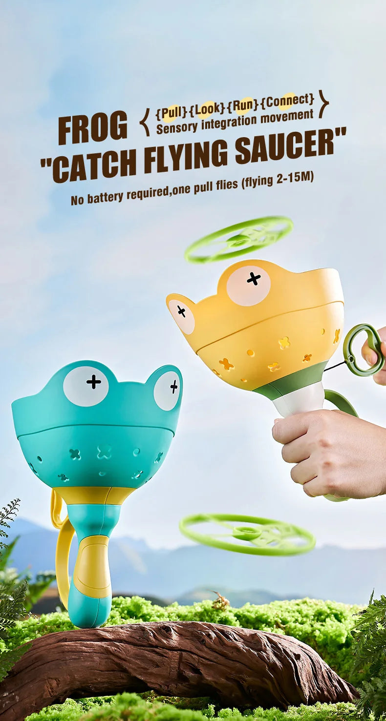 T15 - Kids Flying Saucer Disc Launcher Frog Catapult Flying Toys Pull String UFO