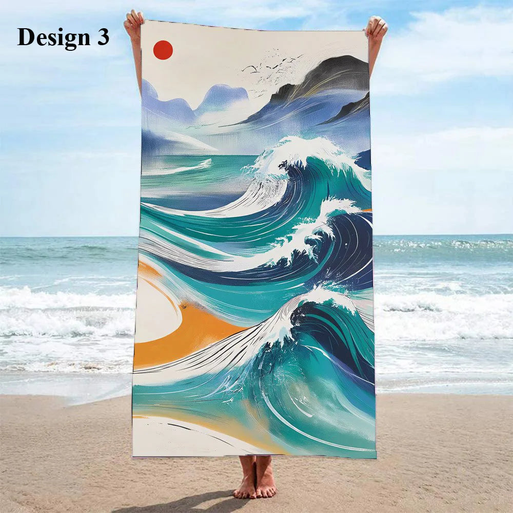 SEA01 - Asciugamano da spiaggia grande  in microfibra con onde del mare astratte e sole