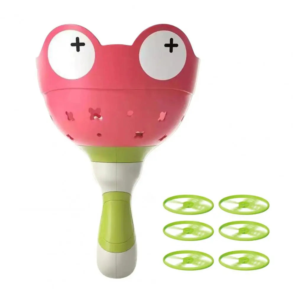 T15 - Kids Flying Saucer Disc Launcher Frog Catapult Flying Toys Pull String UFO