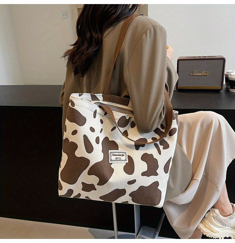 SHOP07 - Borsa tote in velluto a coste con stampa mucca