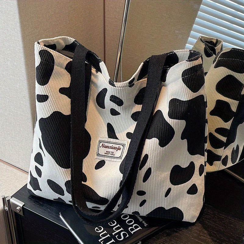 SHOP07 - Borsa tote in velluto a coste con stampa mucca