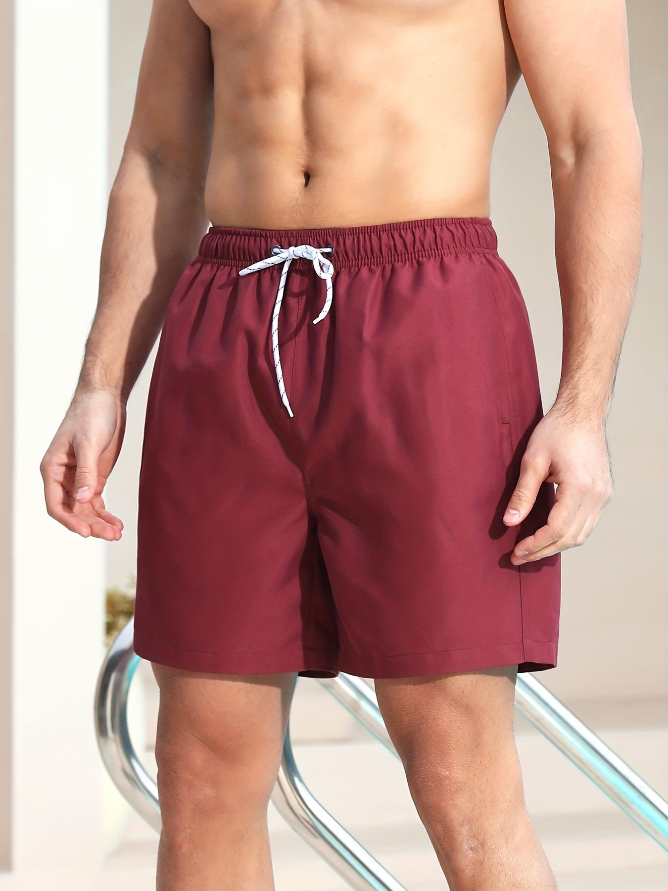 BSMENF20 - Pantaloncini da spiaggia da uomo tinta unita con coulisse e tasche bianche