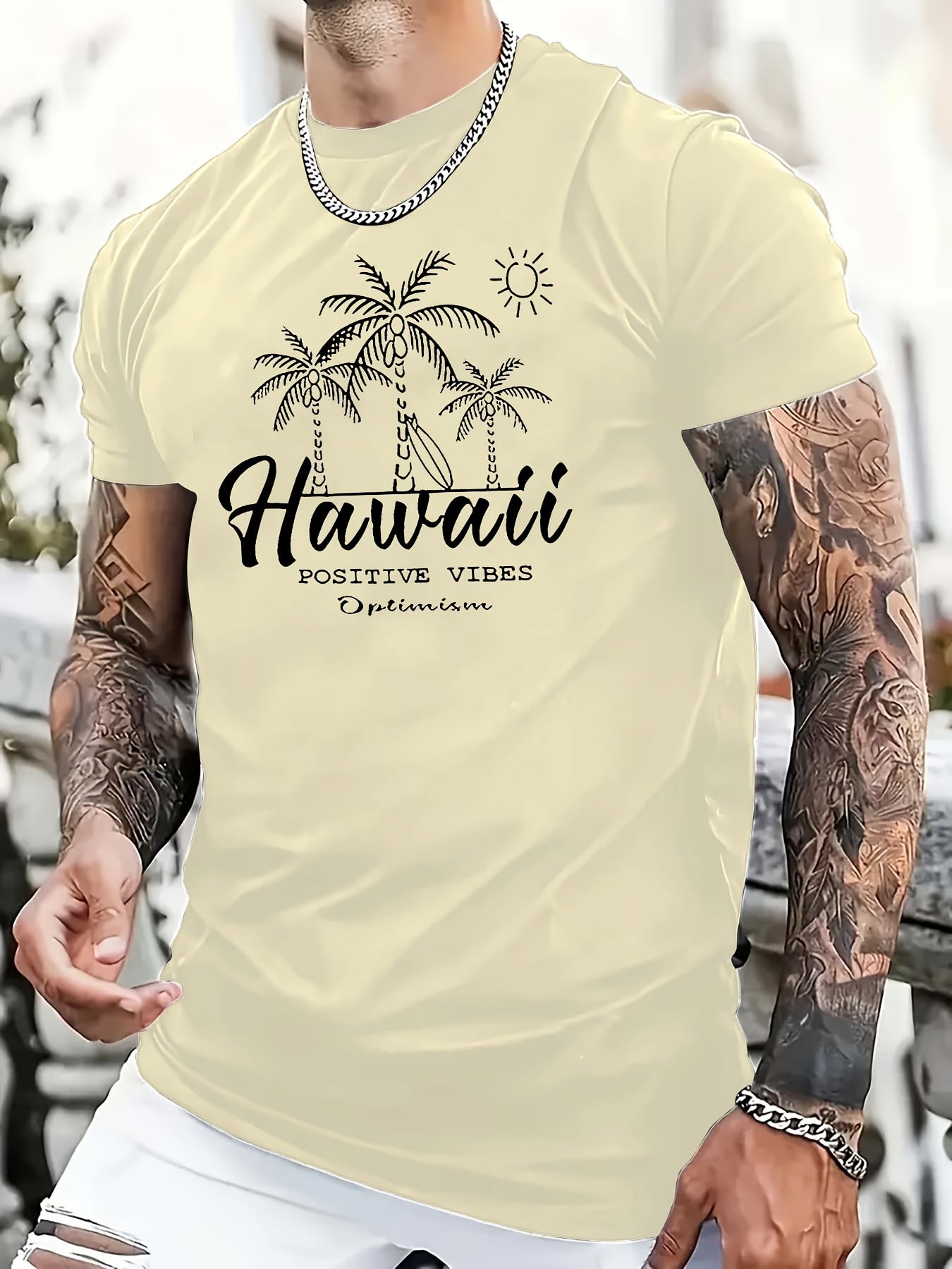 TSHIRT05 - T-shirt casual da uomo in cotone 100% con stampa Hawaii