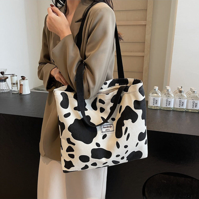 SHOP07 - Borsa tote in velluto a coste con stampa mucca