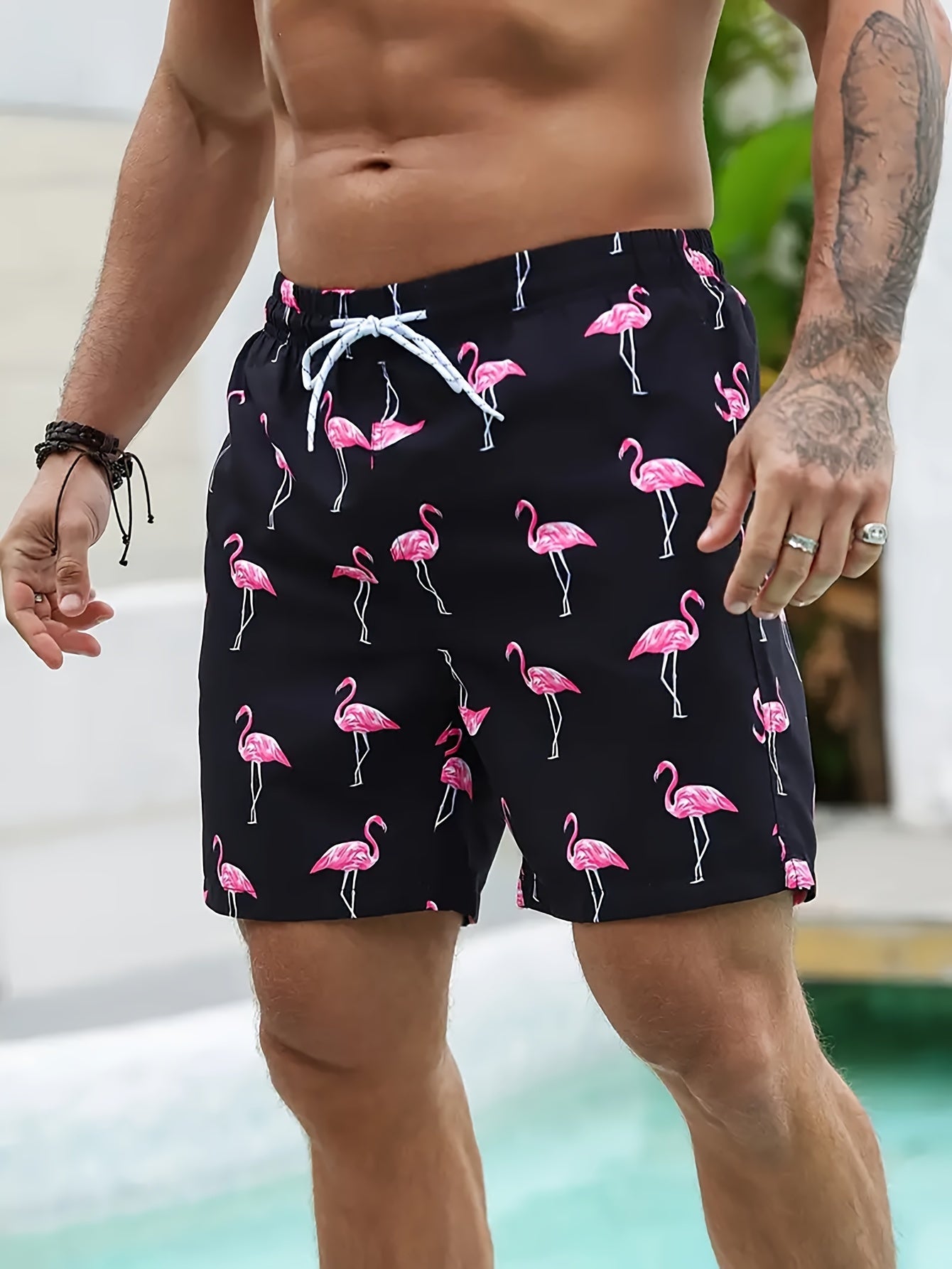 BSMENF02 - Pantaloncini da spiaggia con coulisse e stampa fenicotteri