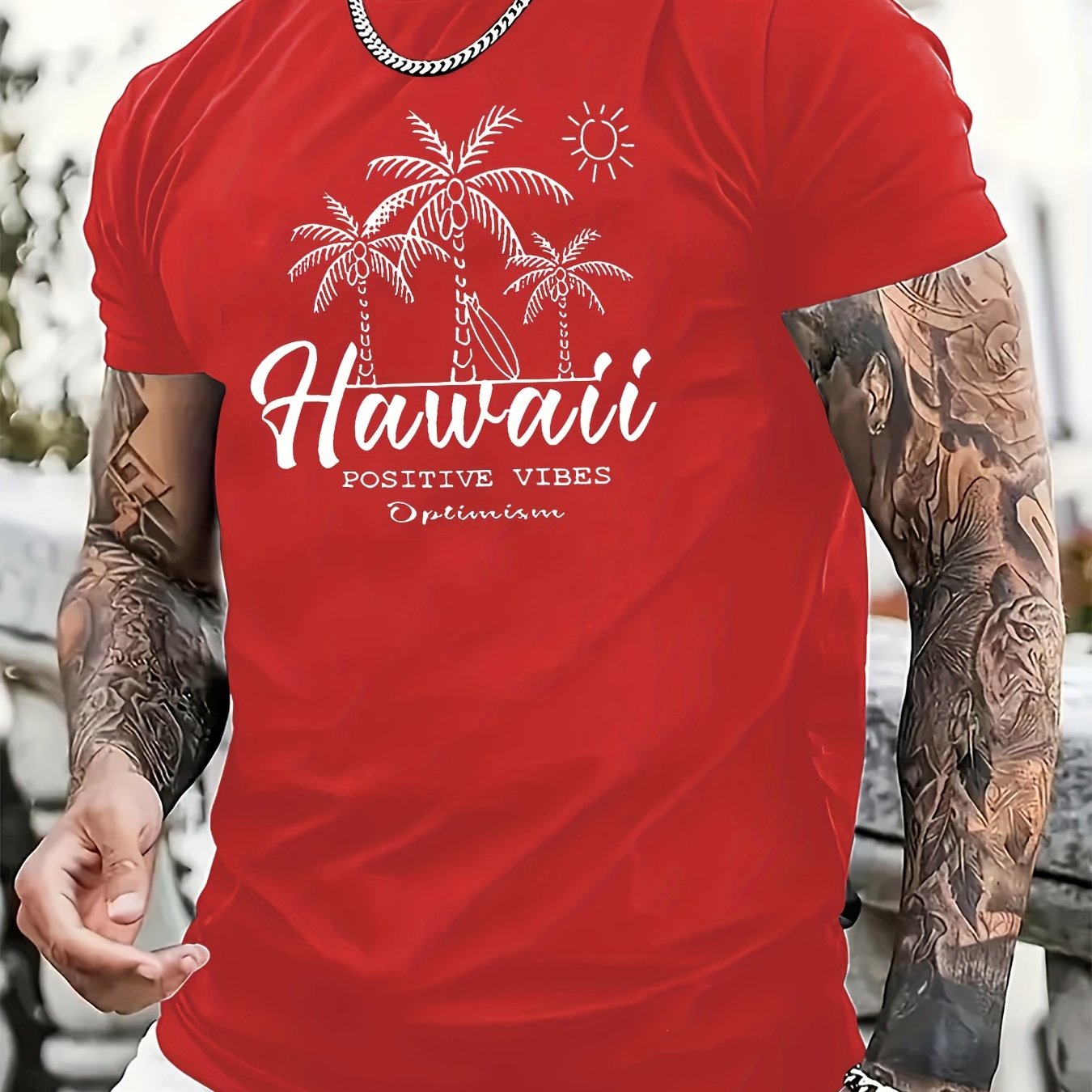 TSHIRT05 - T-shirt casual da uomo in cotone 100% con stampa Hawaii