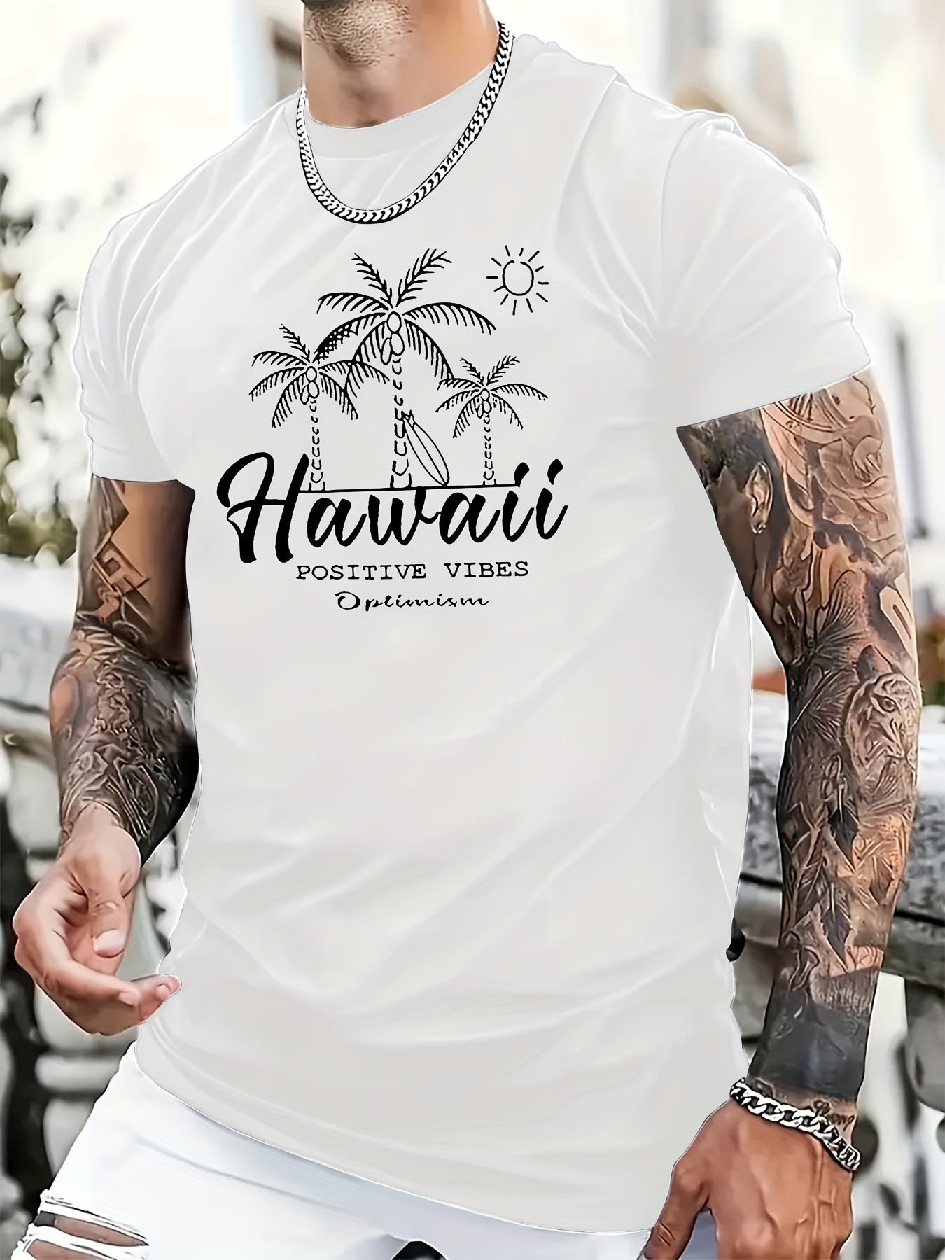 TSHIRT05 - T-shirt casual da uomo in cotone 100% con stampa Hawaii