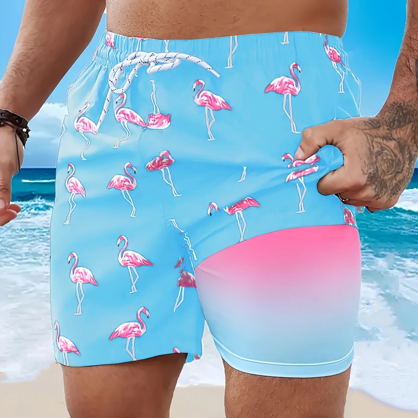 BSMENF02 - Pantaloncini da spiaggia con coulisse e stampa fenicotteri