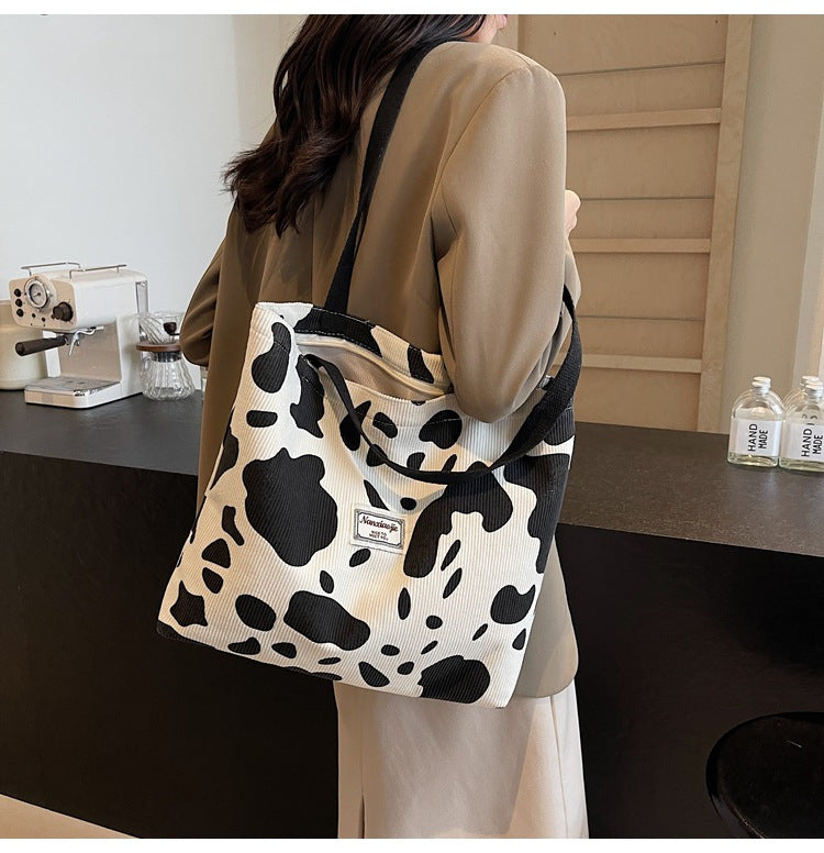 SHOP07 - Borsa tote in velluto a coste con stampa mucca