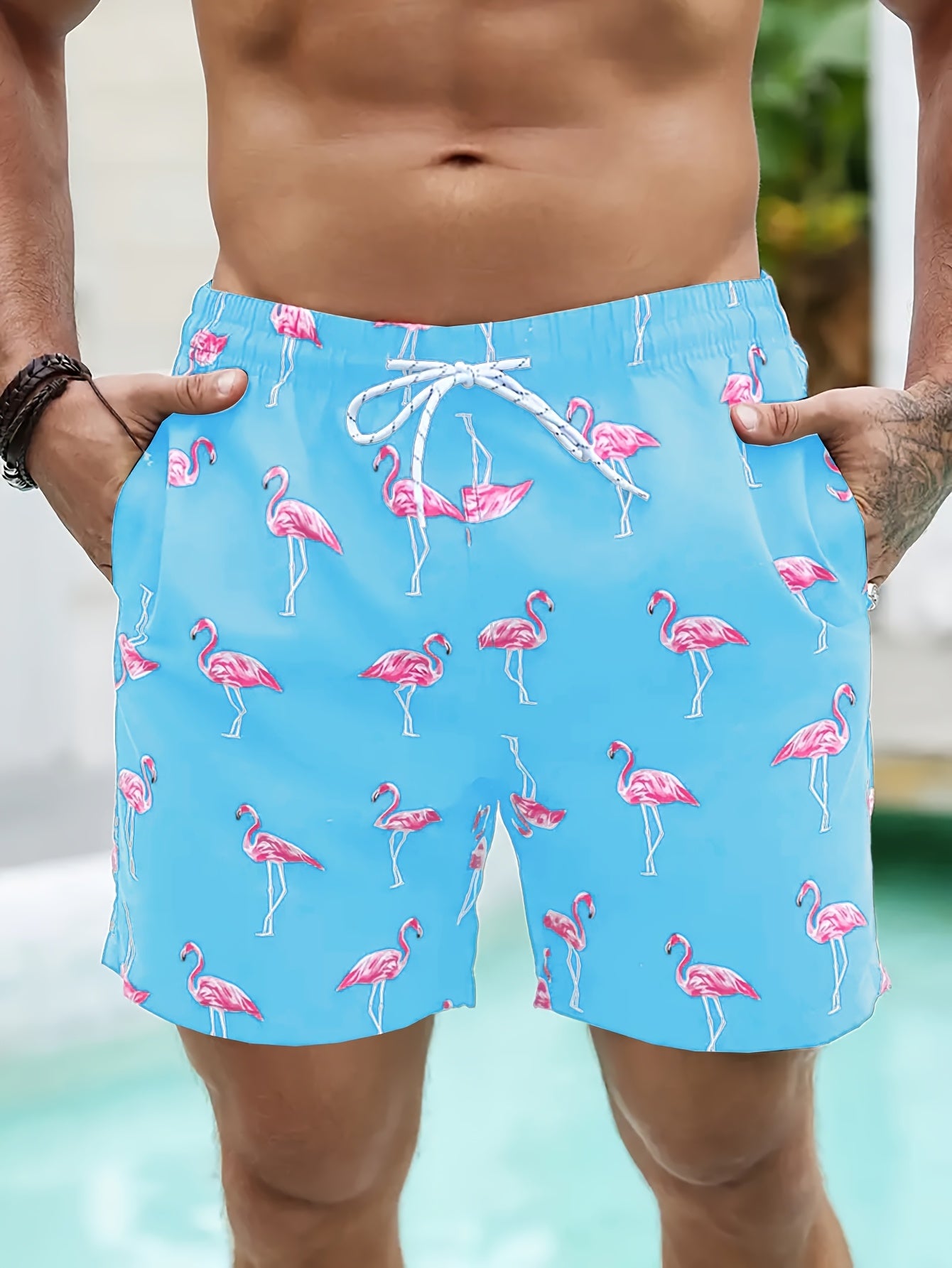 BSMENF02 - Pantaloncini da spiaggia con coulisse e stampa fenicotteri