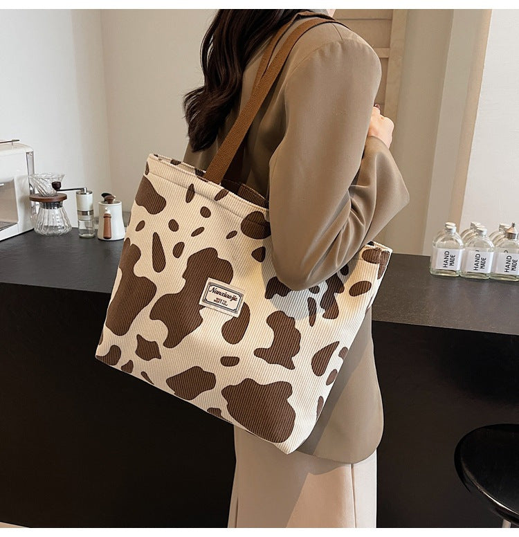 SHOP07 - Borsa tote in velluto a coste con stampa mucca