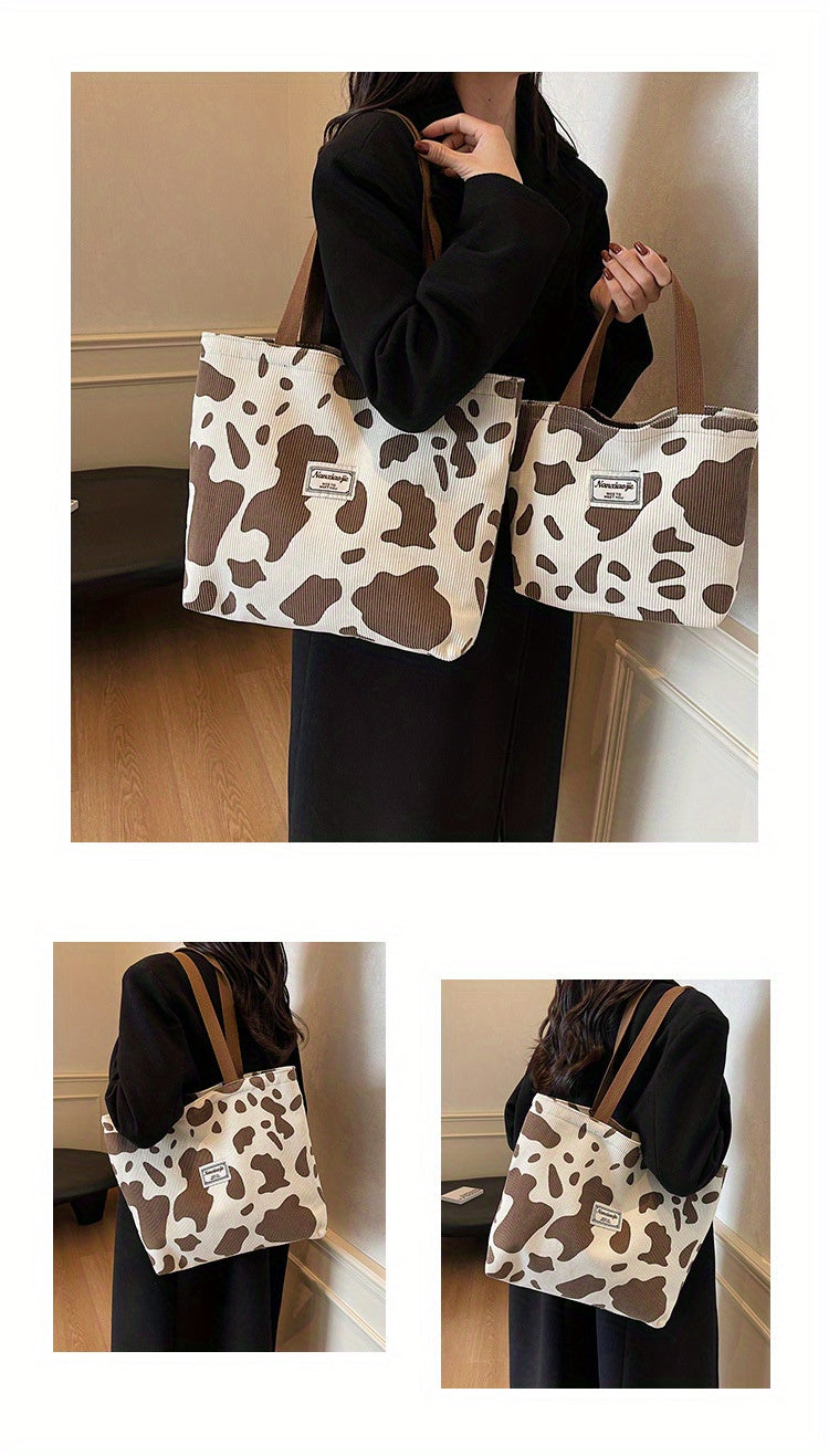 SHOP07 - Borsa tote in velluto a coste con stampa mucca