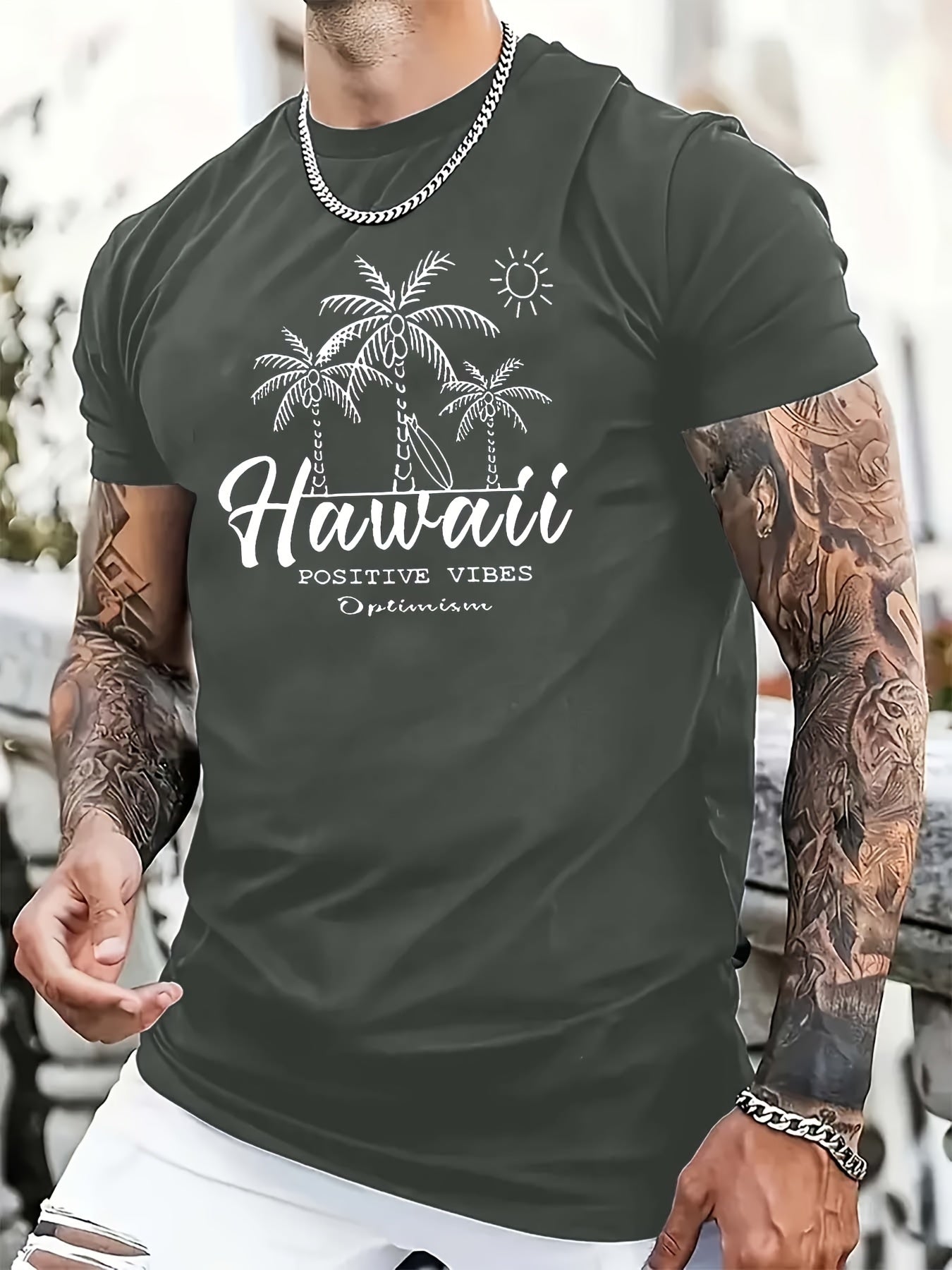 TSHIRT05 - T-shirt casual da uomo in cotone 100% con stampa Hawaii