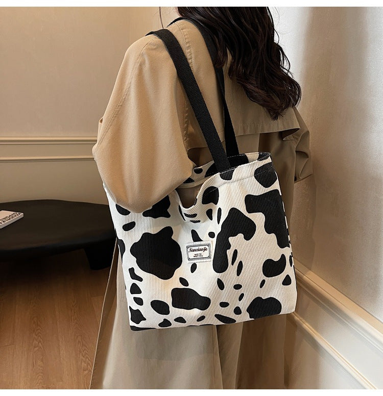 SHOP07 - Borsa tote in velluto a coste con stampa mucca