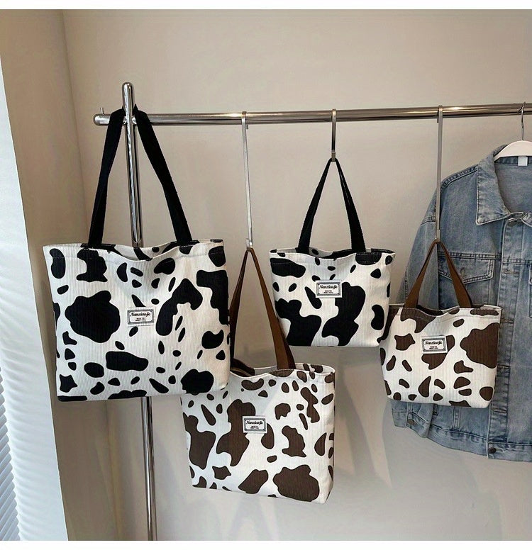 SHOP07 - Borsa tote in velluto a coste con stampa mucca