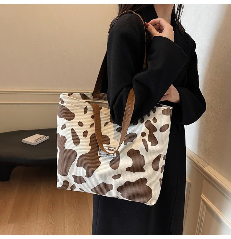 SHOP07 - Borsa tote in velluto a coste con stampa mucca