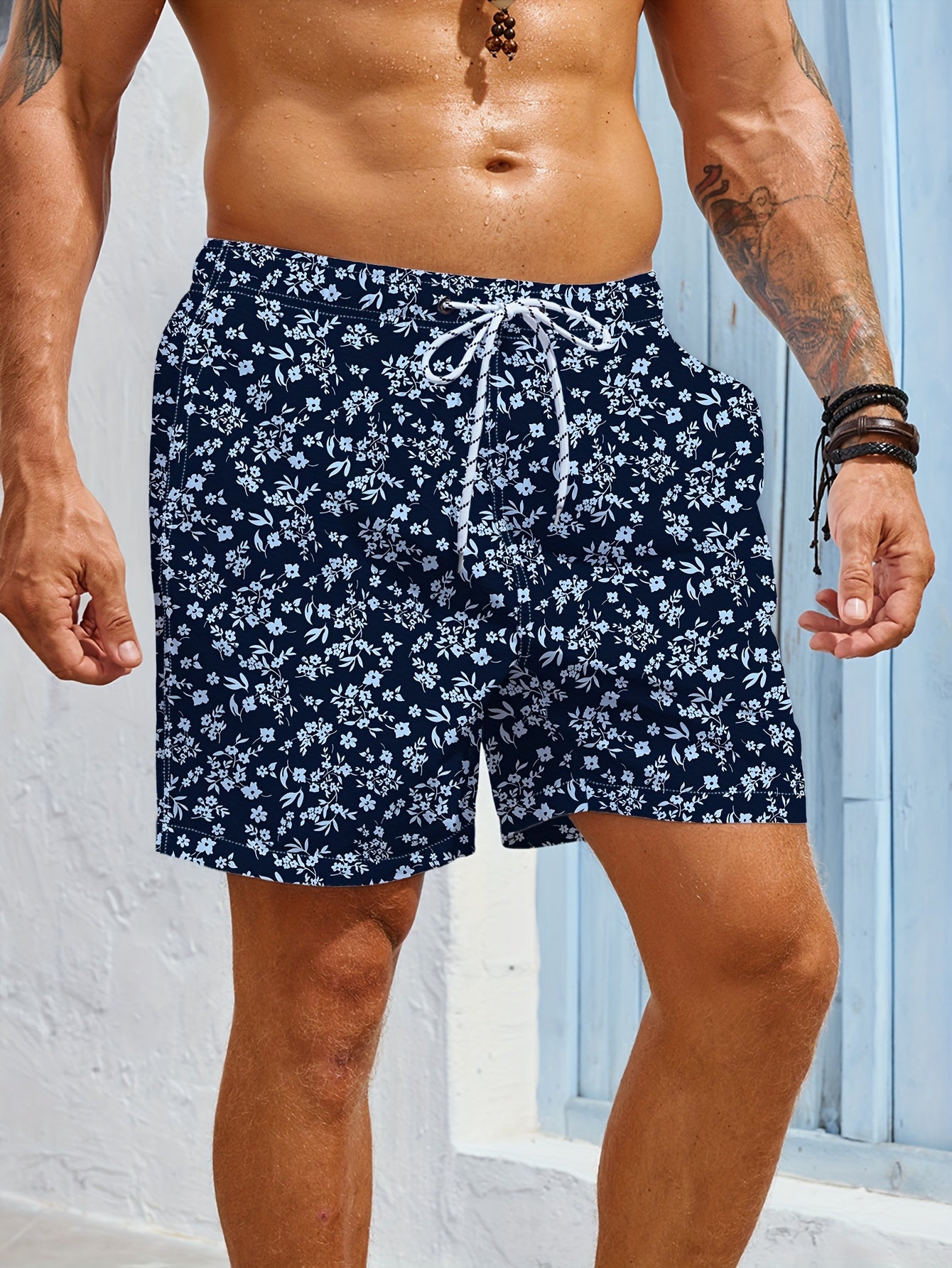 BSMENF12 - Pantaloncini da spiaggia leggeri da uomo con stampa floreale