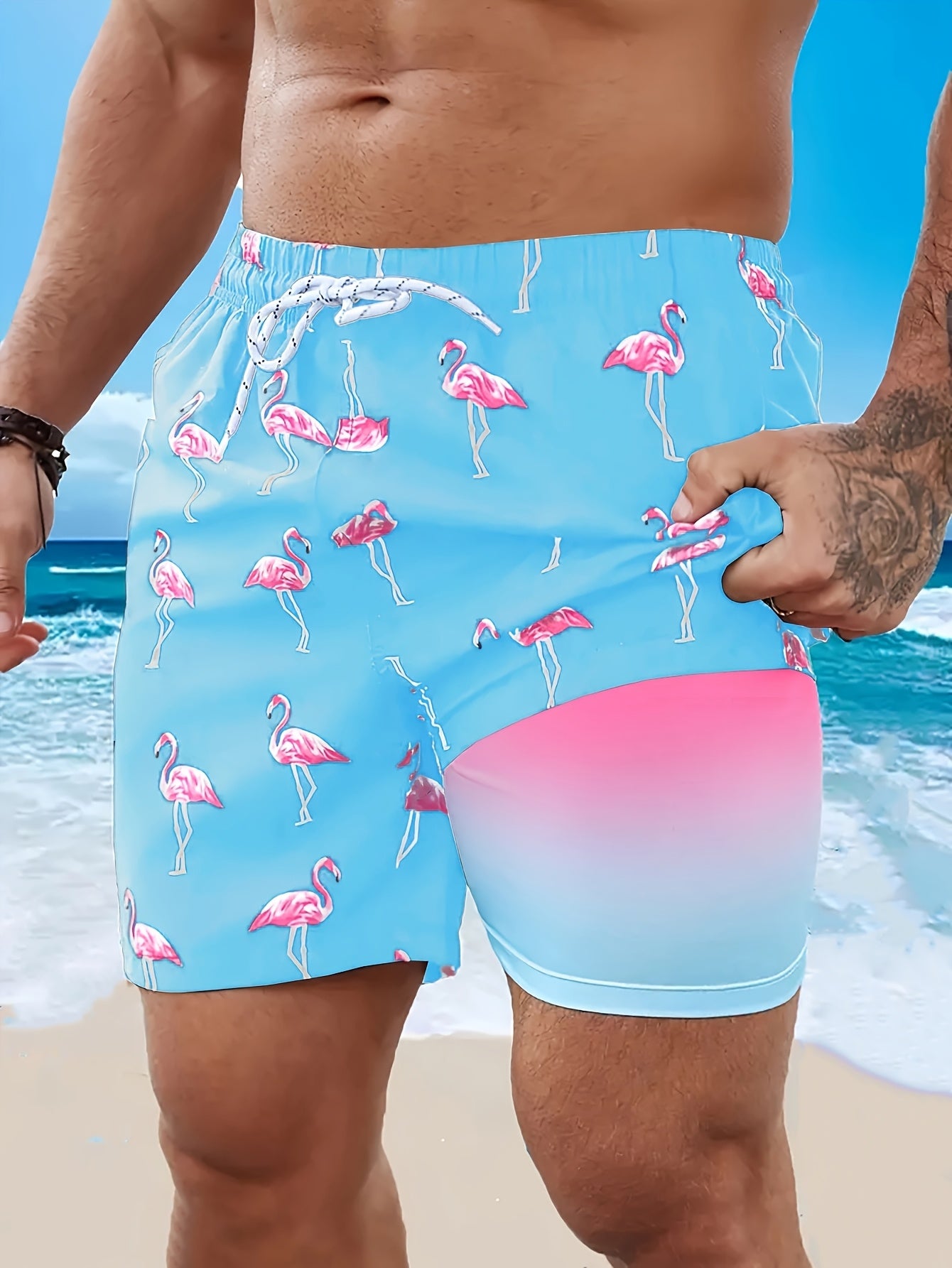 BSMENF02 - Pantaloncini da spiaggia con coulisse e stampa fenicotteri