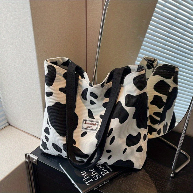 SHOP07 - Borsa tote in velluto a coste con stampa mucca