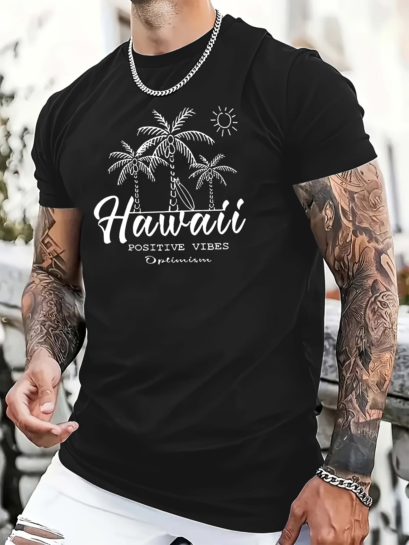 TSHIRT05 - T-shirt casual da uomo in cotone 100% con stampa Hawaii