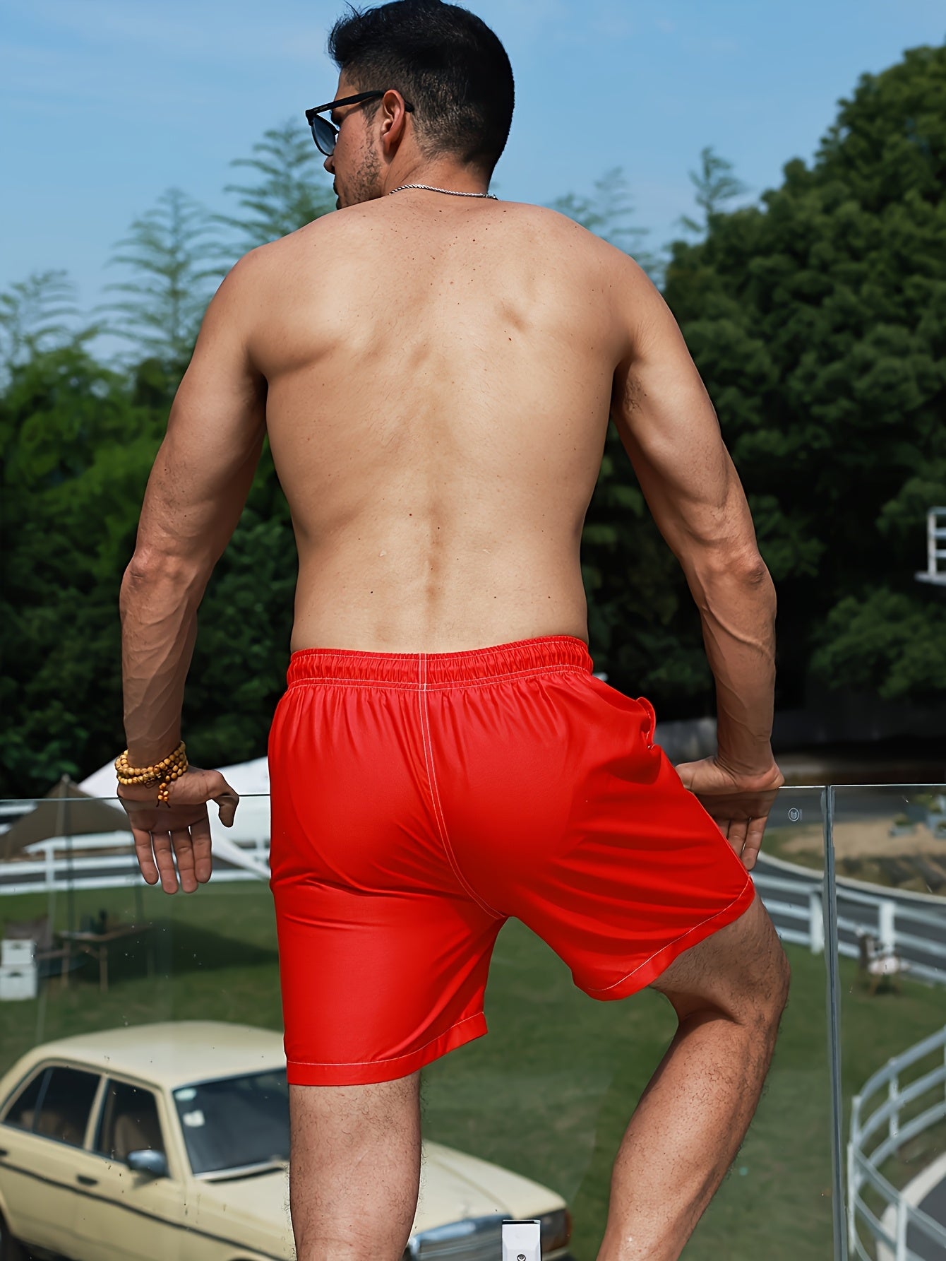 BSMENF20 - Pantaloncini da spiaggia da uomo tinta unita con coulisse e tasche bianche