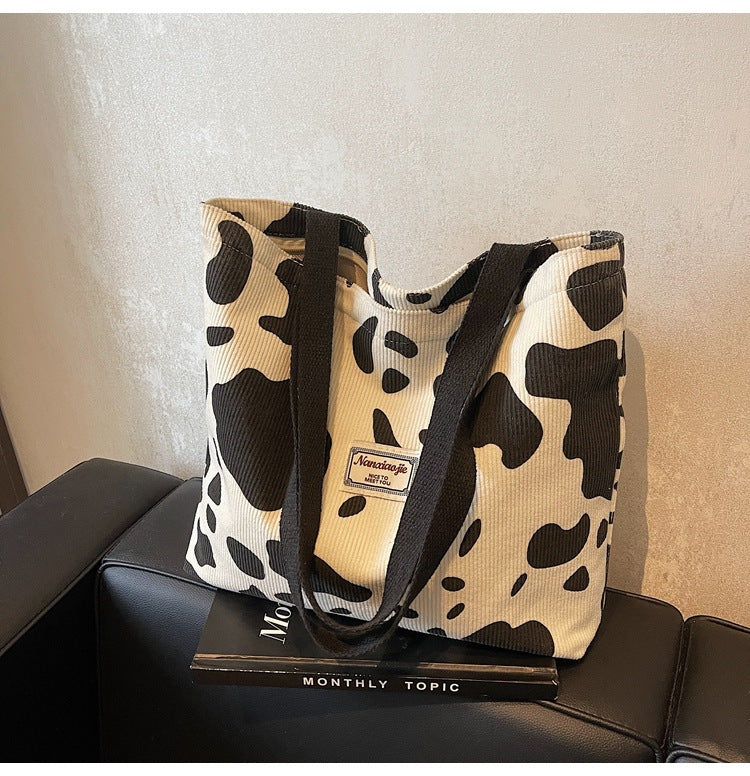 SHOP07 - Borsa tote in velluto a coste con stampa mucca