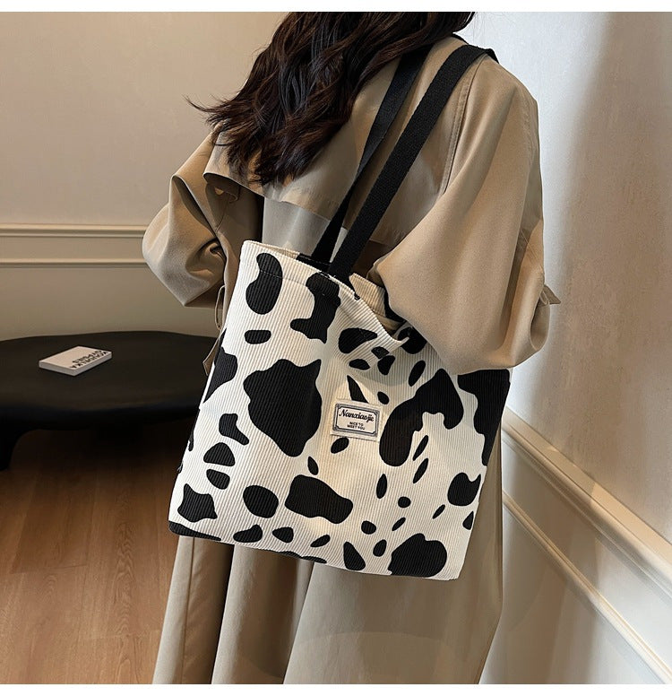 SHOP07 - Borsa tote in velluto a coste con stampa mucca