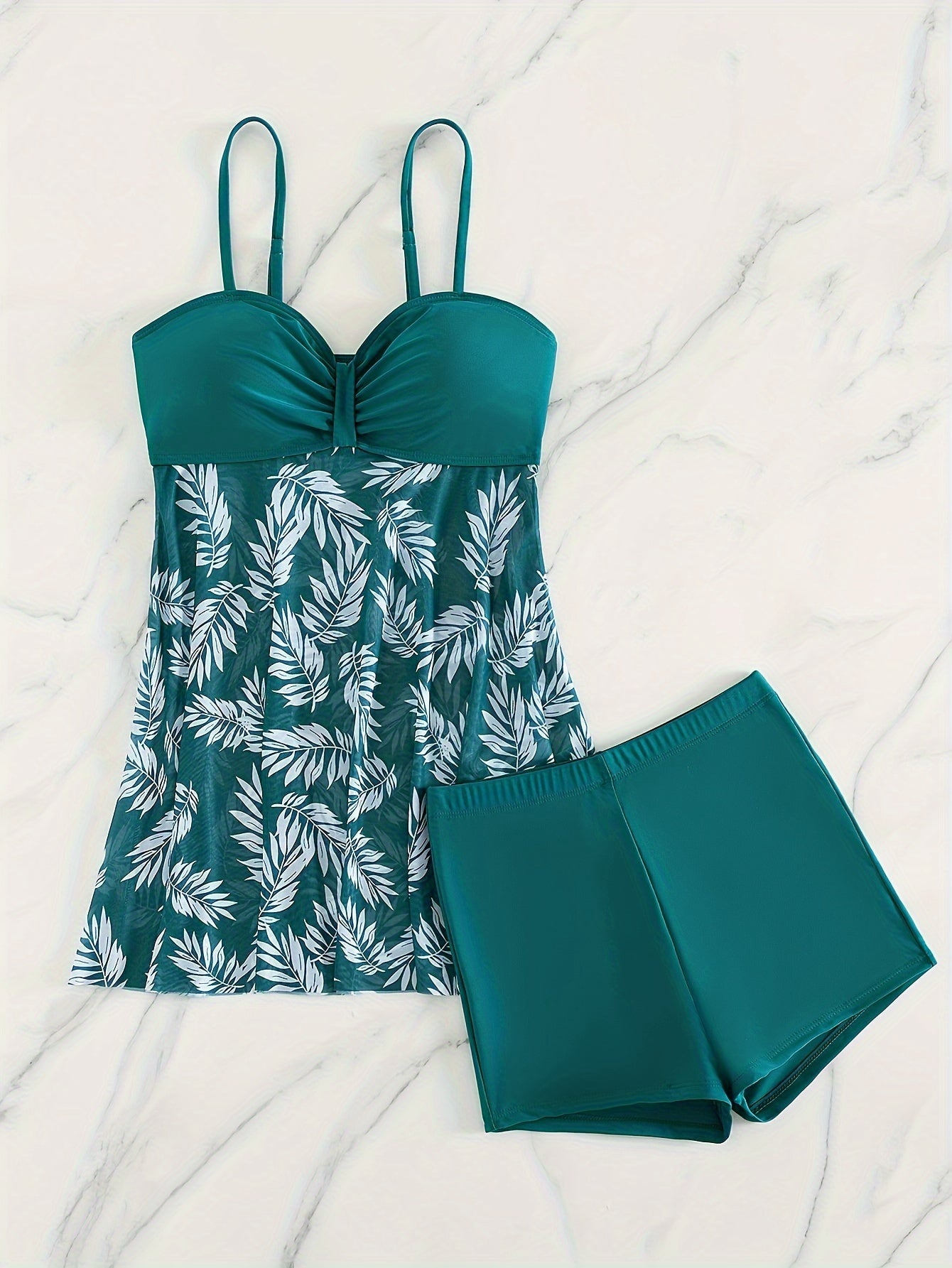 BSGIRL03 - Swim Classic Tropical Print Pleated Tankini Two Piece Swimsuit