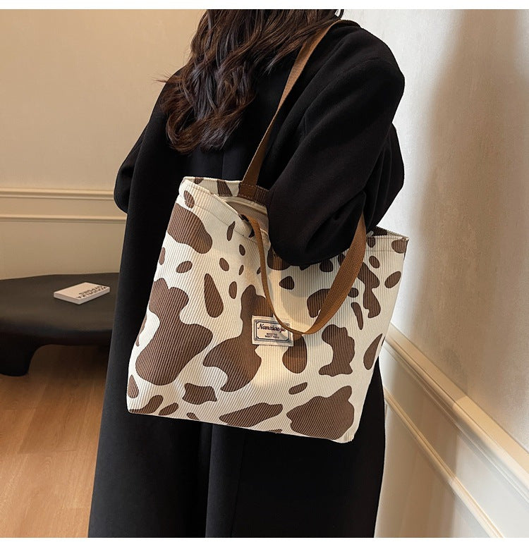 SHOP07 - Borsa tote in velluto a coste con stampa mucca