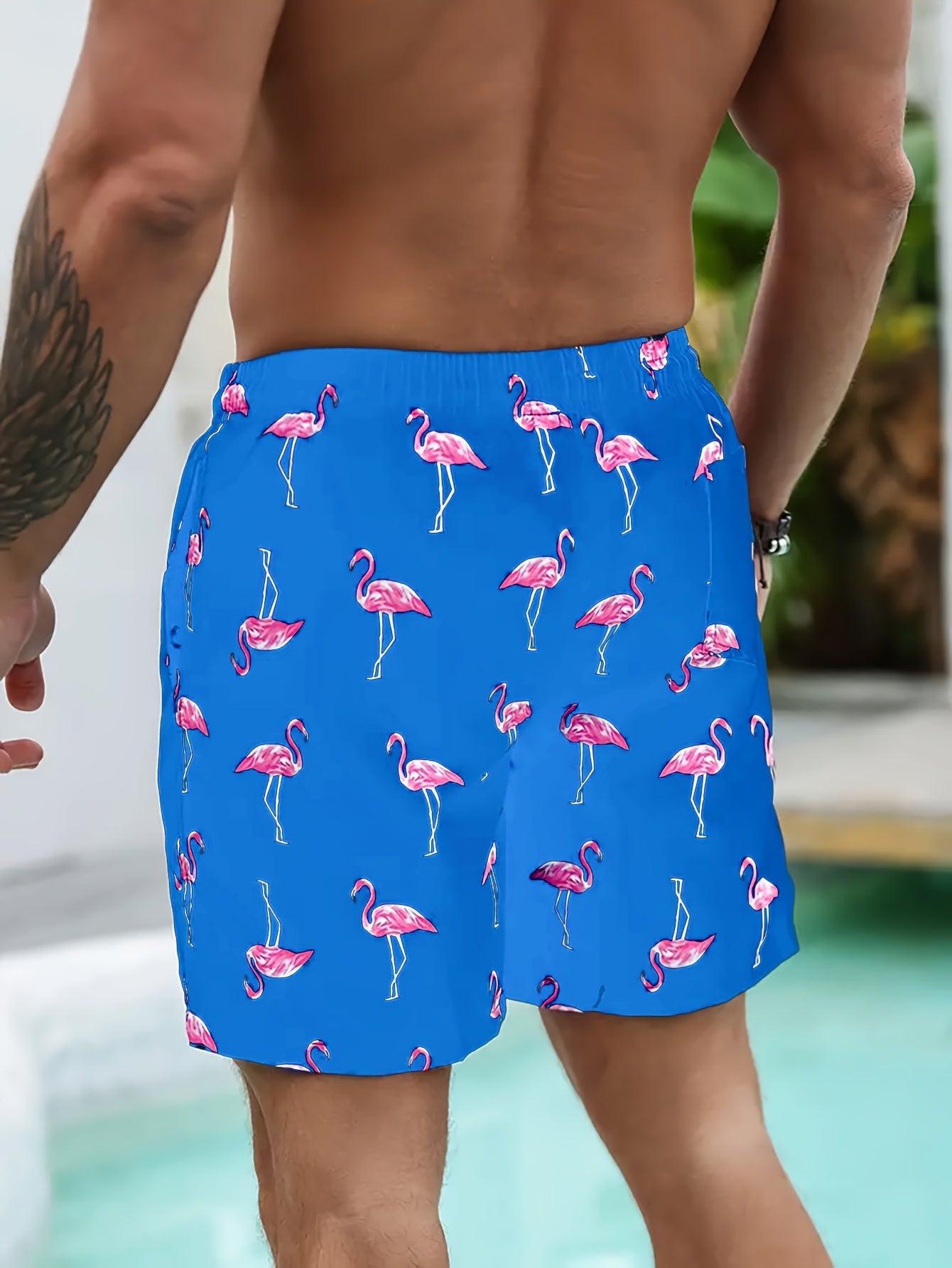 BSMENF02 - Pantaloncini da spiaggia con coulisse e stampa fenicotteri