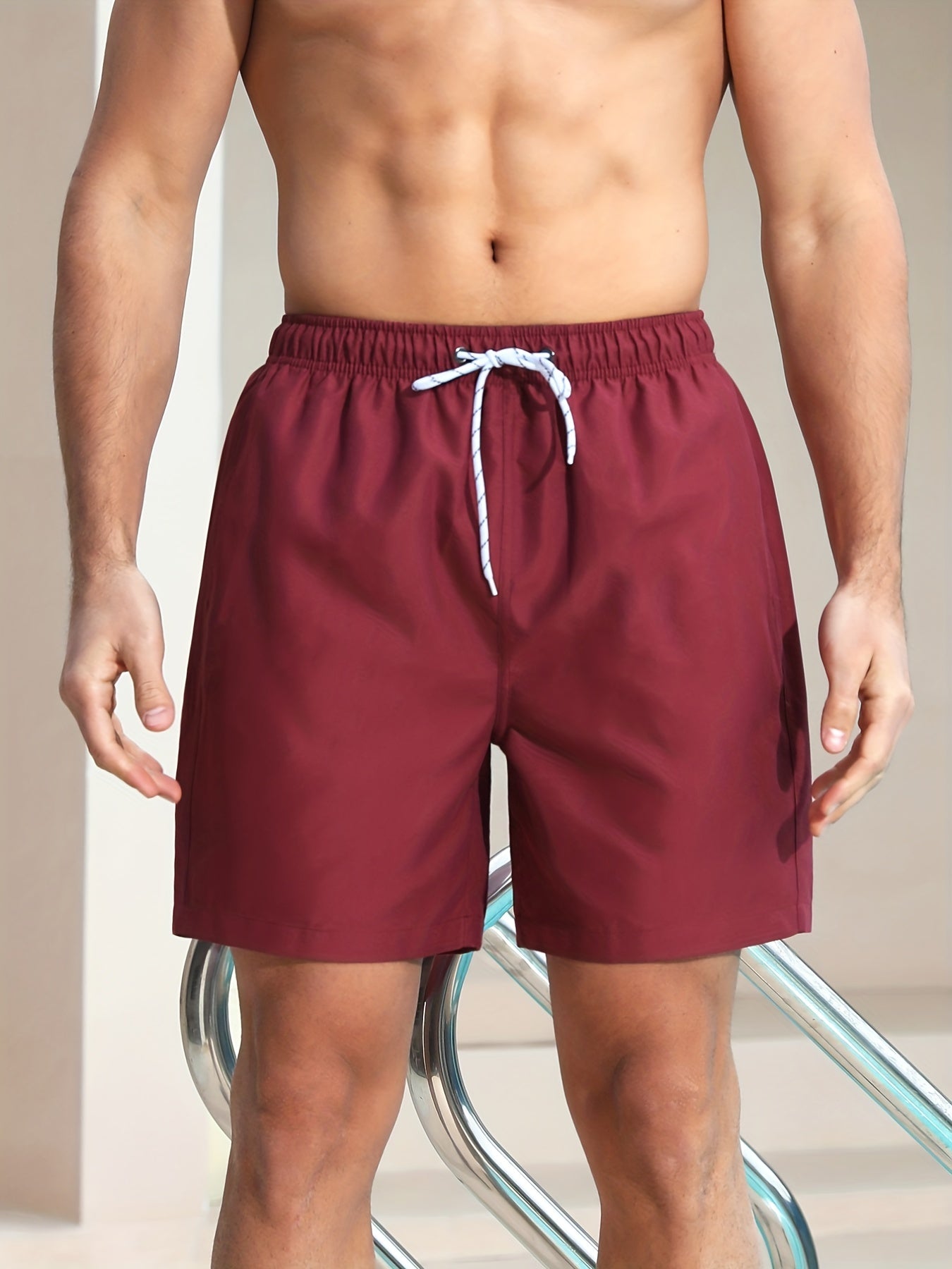 BSMENF20 - Pantaloncini da spiaggia da uomo tinta unita con coulisse e tasche bianche