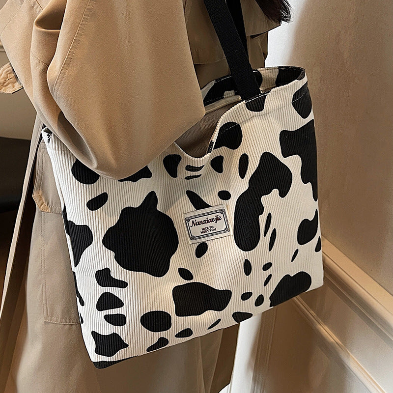 SHOP07 - Borsa tote in velluto a coste con stampa mucca