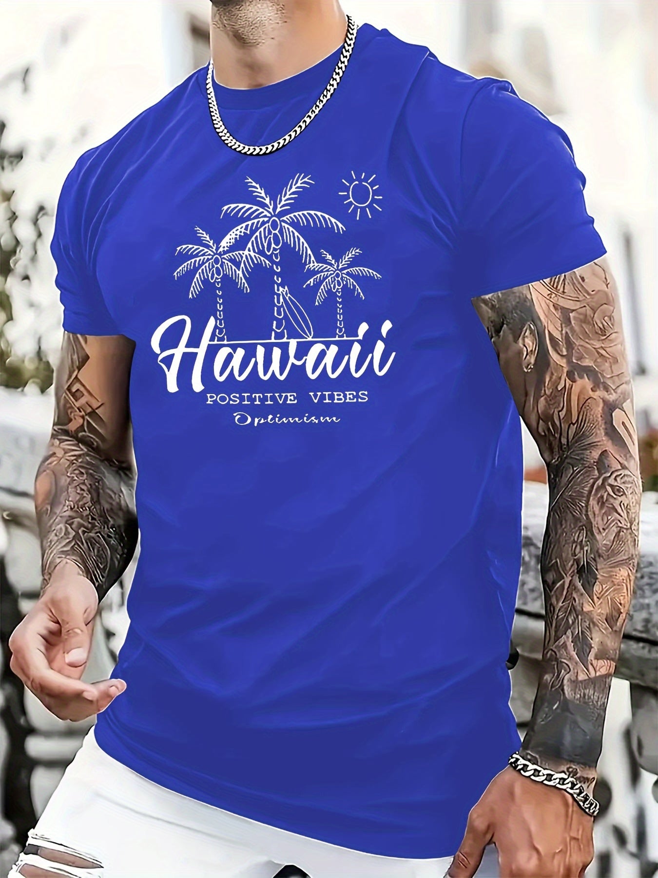 TSHIRT05 - T-shirt casual da uomo in cotone 100% con stampa Hawaii
