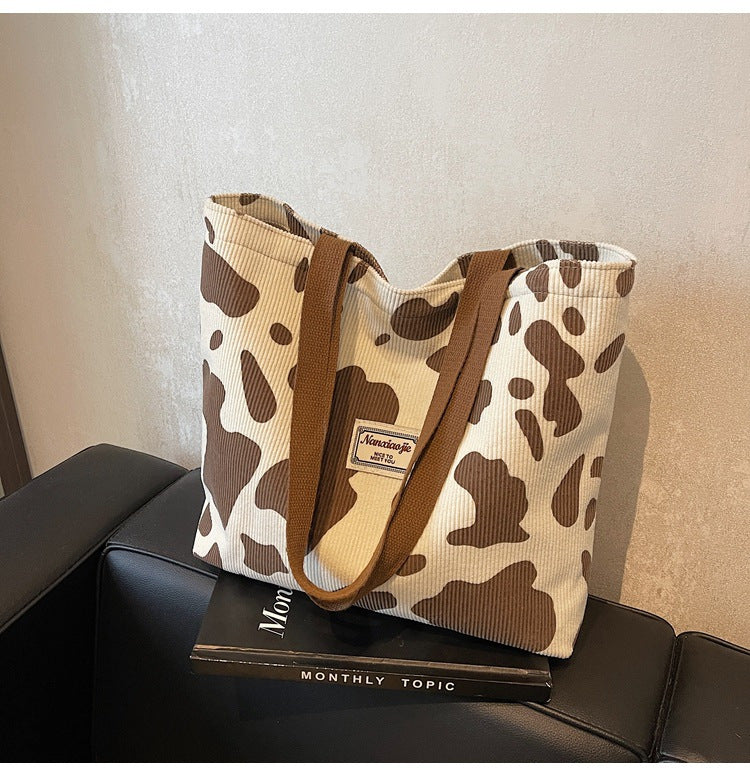 SHOP07 - Borsa tote in velluto a coste con stampa mucca