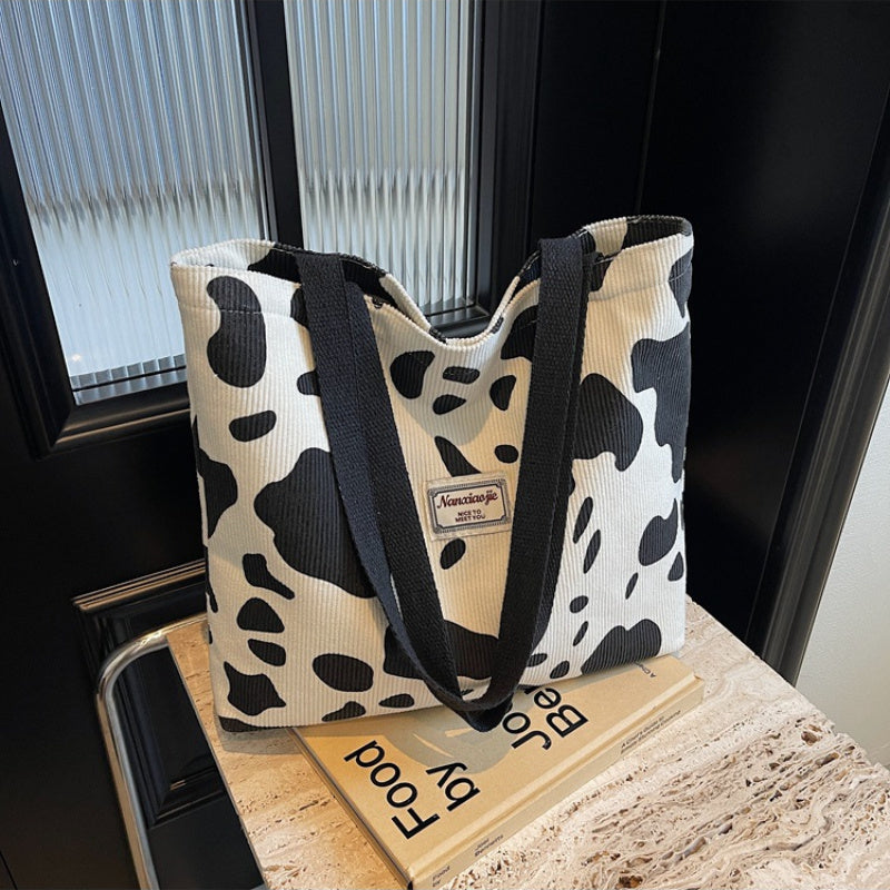 SHOP07 - Borsa tote in velluto a coste con stampa mucca