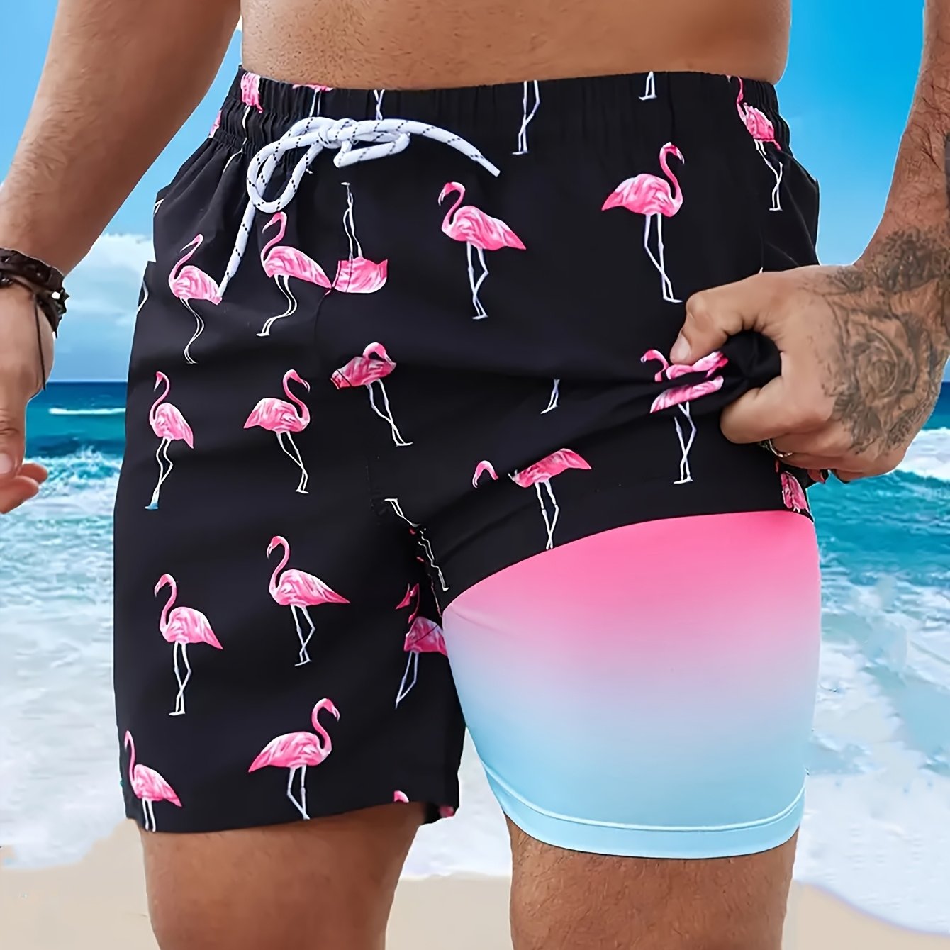 BSMENF02 - Pantaloncini da spiaggia con coulisse e stampa fenicotteri