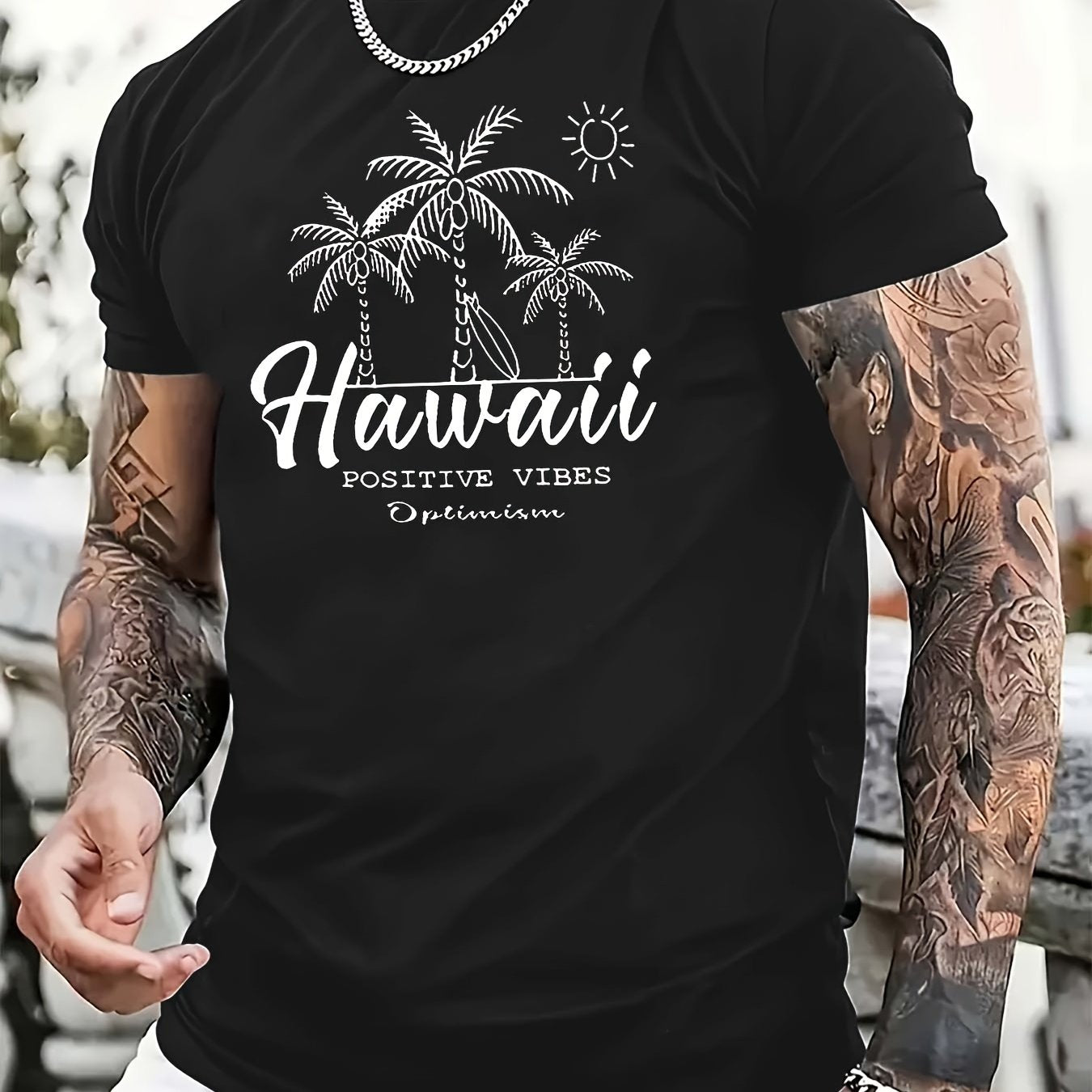 TSHIRT05 - T-shirt casual da uomo in cotone 100% con stampa Hawaii