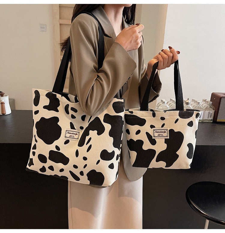 SHOP07 - Borsa tote in velluto a coste con stampa mucca