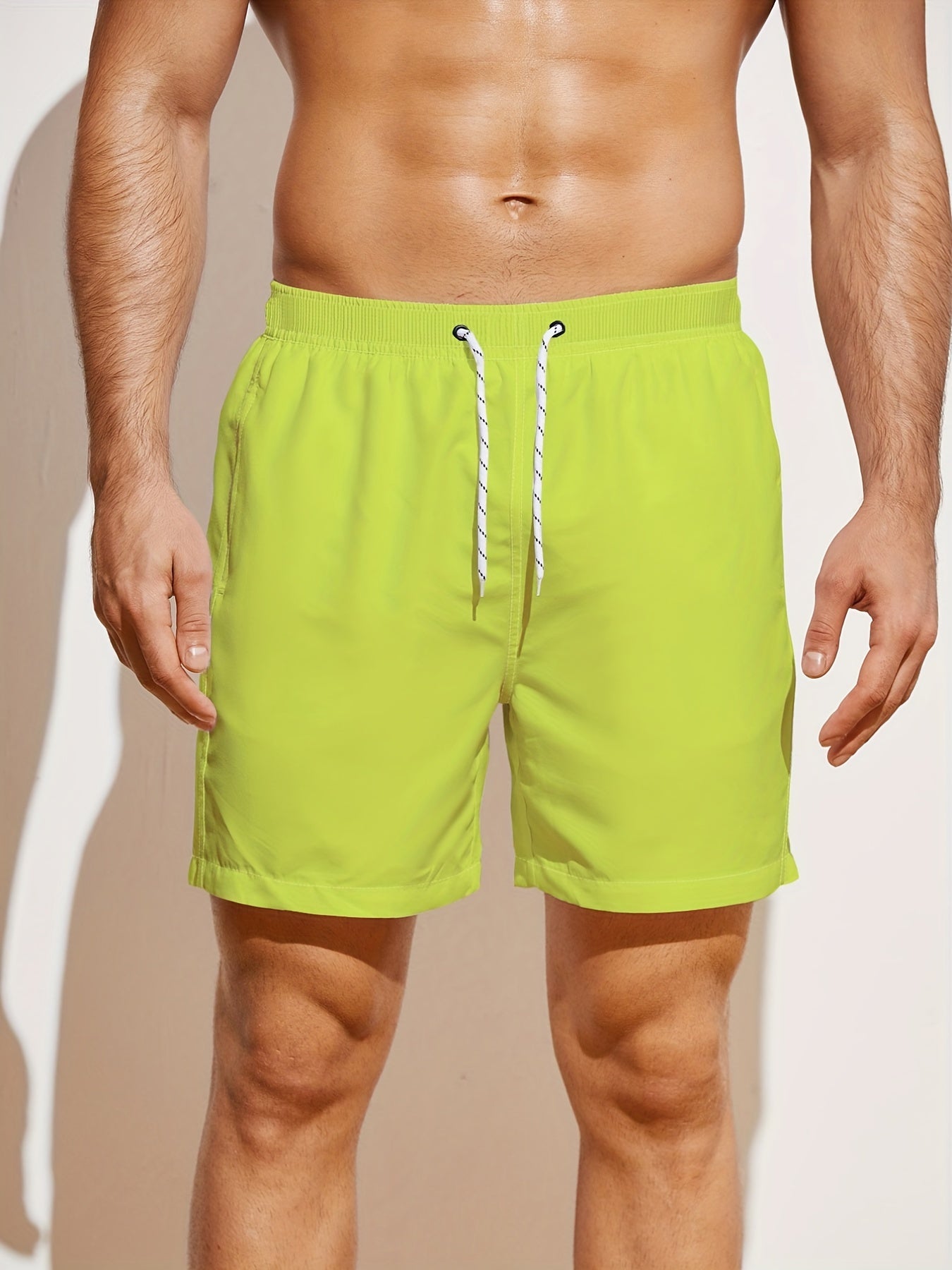 BSMENF20 - Pantaloncini da spiaggia da uomo tinta unita con coulisse e tasche bianche