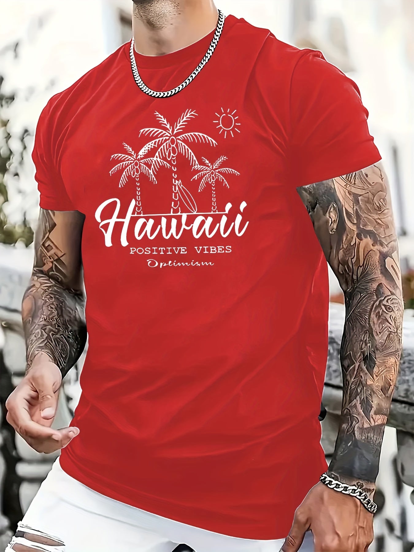 TSHIRT05 - T-shirt casual da uomo in cotone 100% con stampa Hawaii