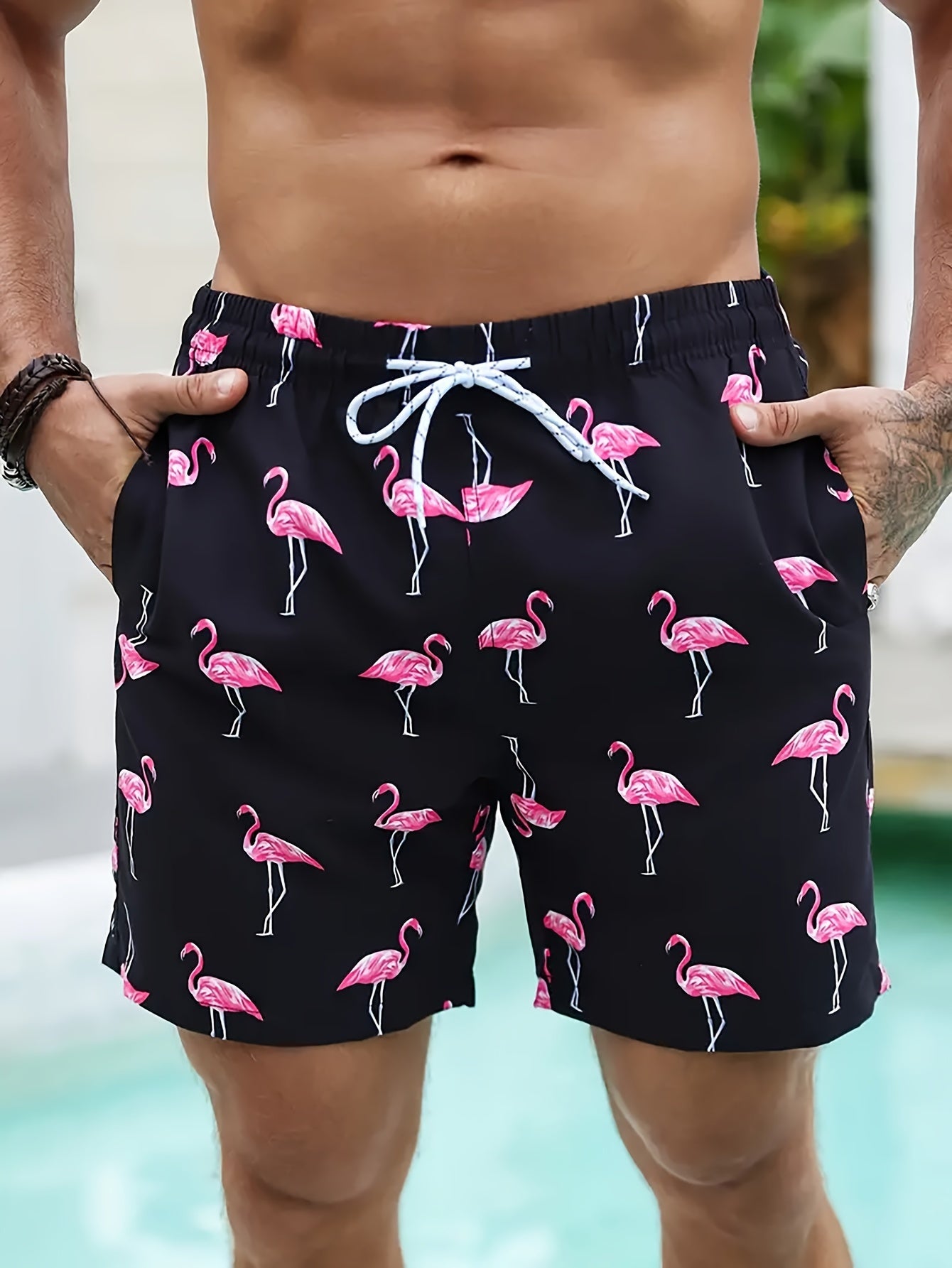 BSMENF02 - Pantaloncini da spiaggia con coulisse e stampa fenicotteri