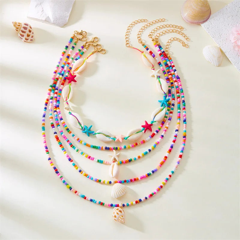 BRAC24 - Factory Direct New Summer Collection Starfish Shell Conch Rice Bead 5-Piece Multi-Layer Joker Necklace Fashion Forward Female